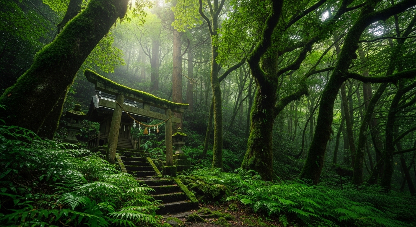 鹿児島のマニアックな観光スポットを彷彿とさせる、森の中にひっそりと佇む苔むした鳥居と石祠