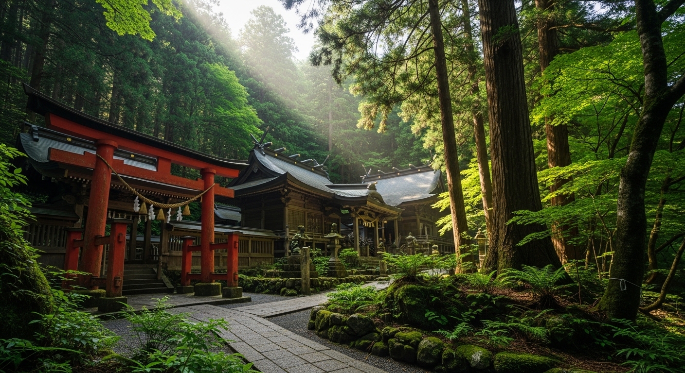 投谷八幡宮の神秘的な森に囲まれた伝統的な社殿と美しい鳥居の風景