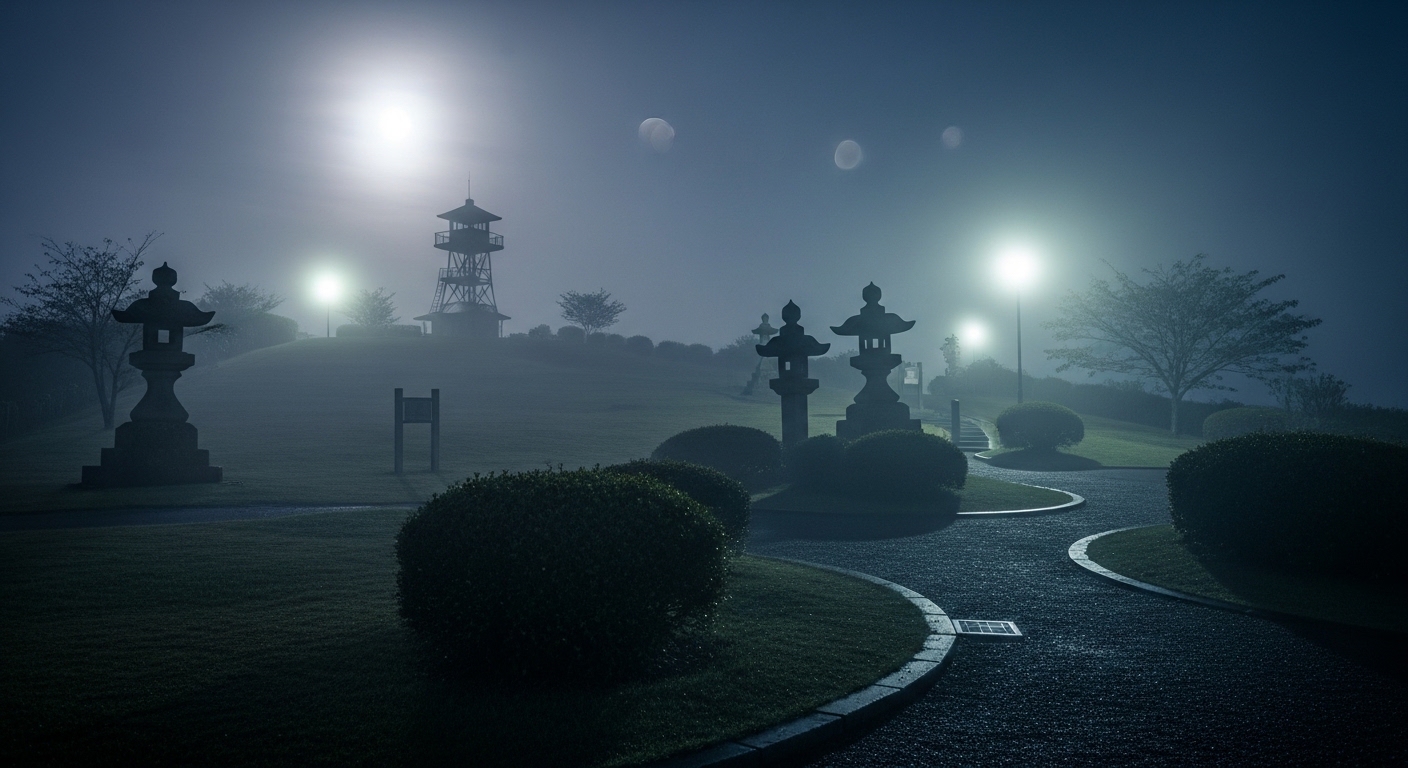 東光山公園の心霊スポットを彷彿とさせる、月夜の不気味な展望台と霧に包まれた公園の風景