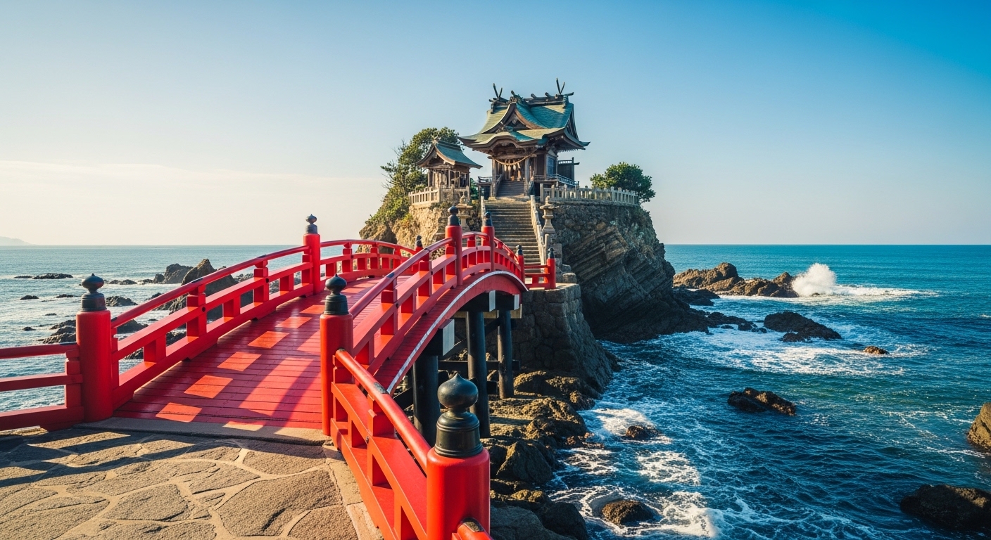 鹿児島県いちき串木野市にある照島神社へと続く赤い橋と海に囲まれたご利益スポットの風景