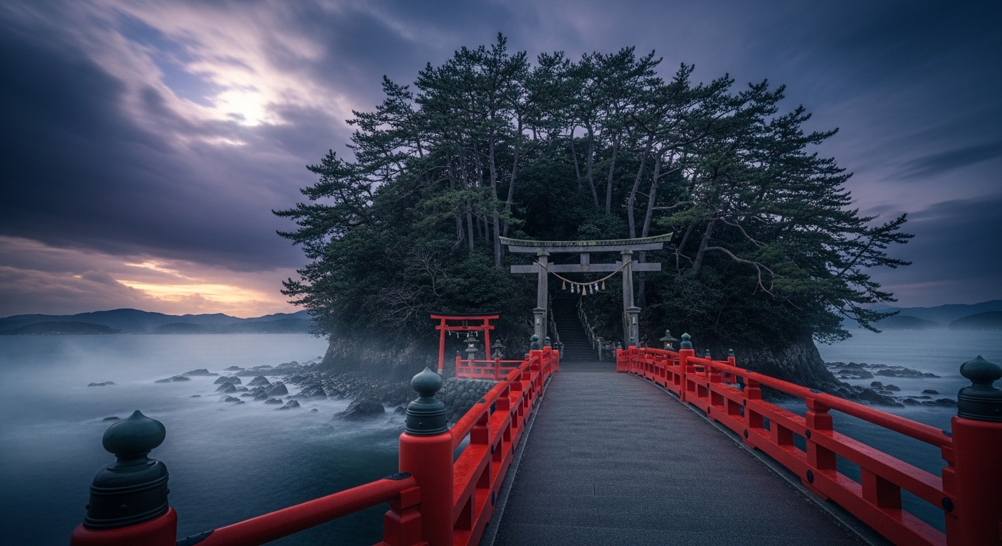 照島神社の心霊スポットとして囁かれる夜の赤い照島橋と霧に包まれた鳥居