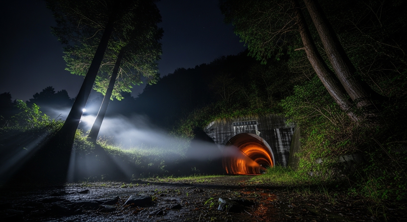 武岡トンネルの心霊現象を連想させる、夜の暗いトンネルと不気味なオレンジ色の光