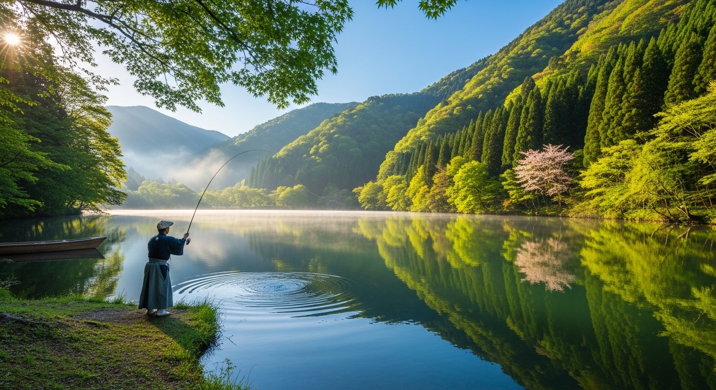 薩摩湖の釣りでブラックバスを狙ってルアーを投げるアングラーと豊かな自然