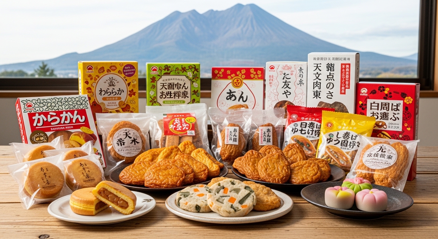 鹿児島のB級グルメのお土産として人気のさつま揚げや芋菓子が並ぶ様子