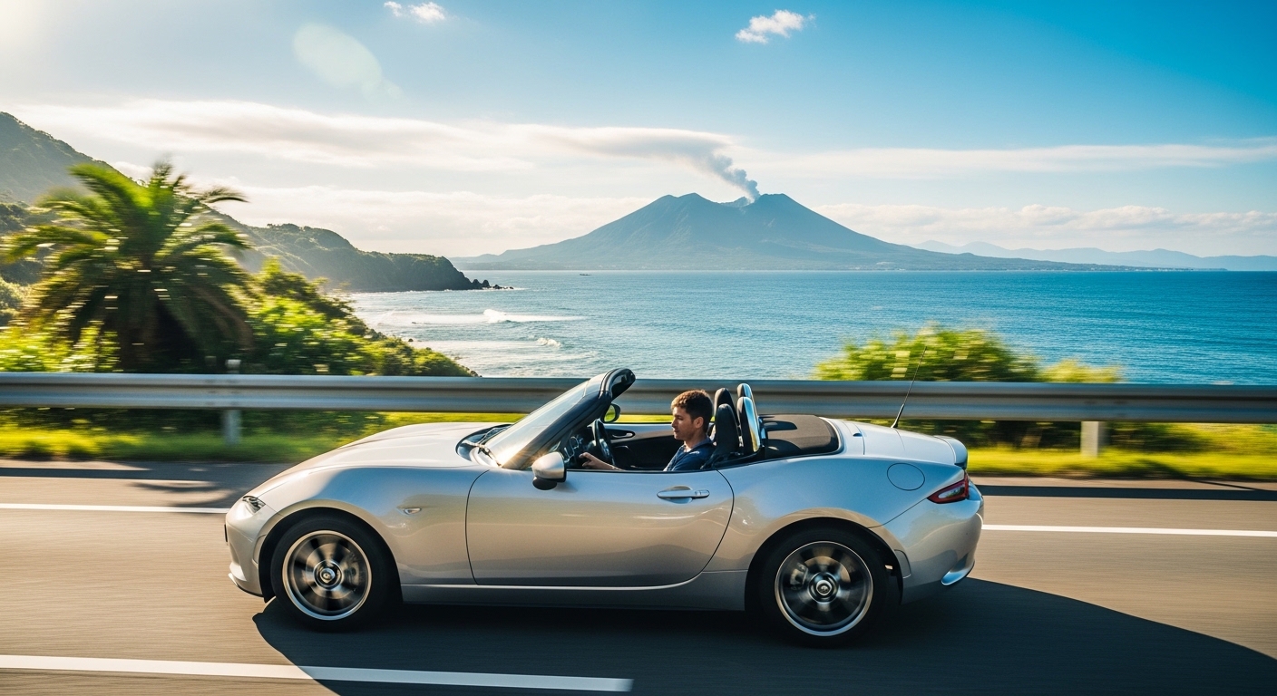 鹿児島の絶景ドライブ中に見える青い海と雄大な桜島の風景