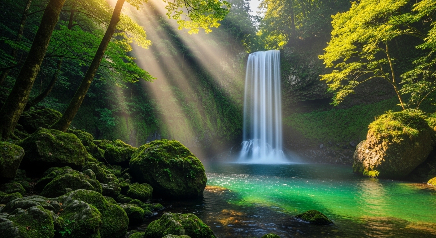 鹿児島の自然パワースポットを象徴する光り輝く滝と美しい森の風景