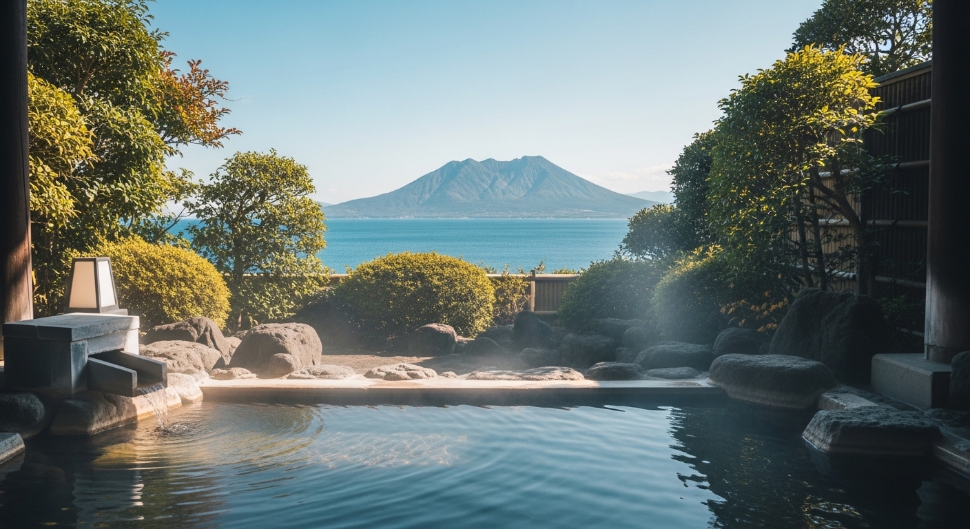 鹿児島の癒しスポットとして有名な桜島を一望できる露天風呂と穏やかな錦江湾の景色