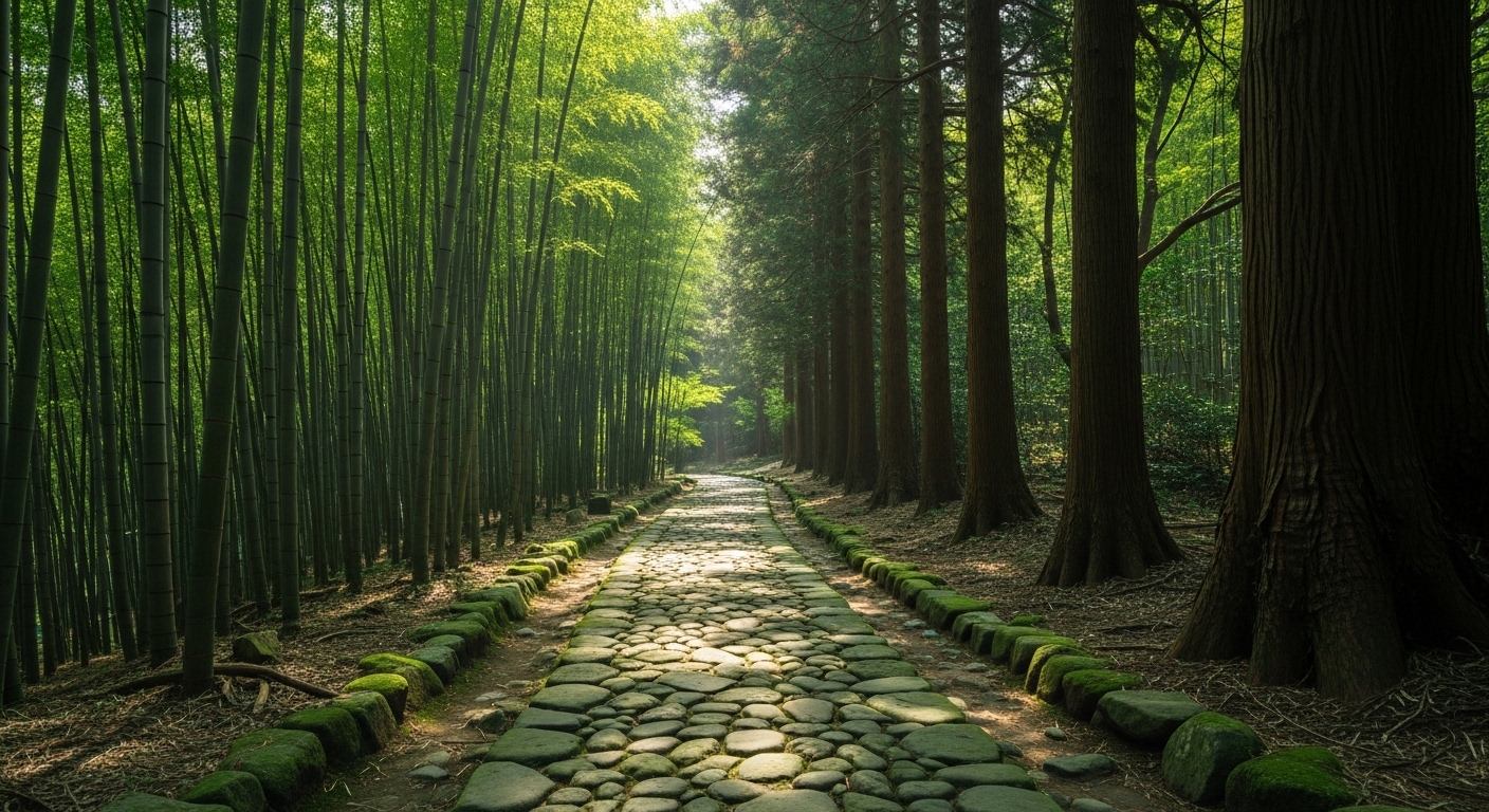 鹿児島県姶良市の歴史的な石畳の道、掛橋坂の竹林に囲まれた美しい風景