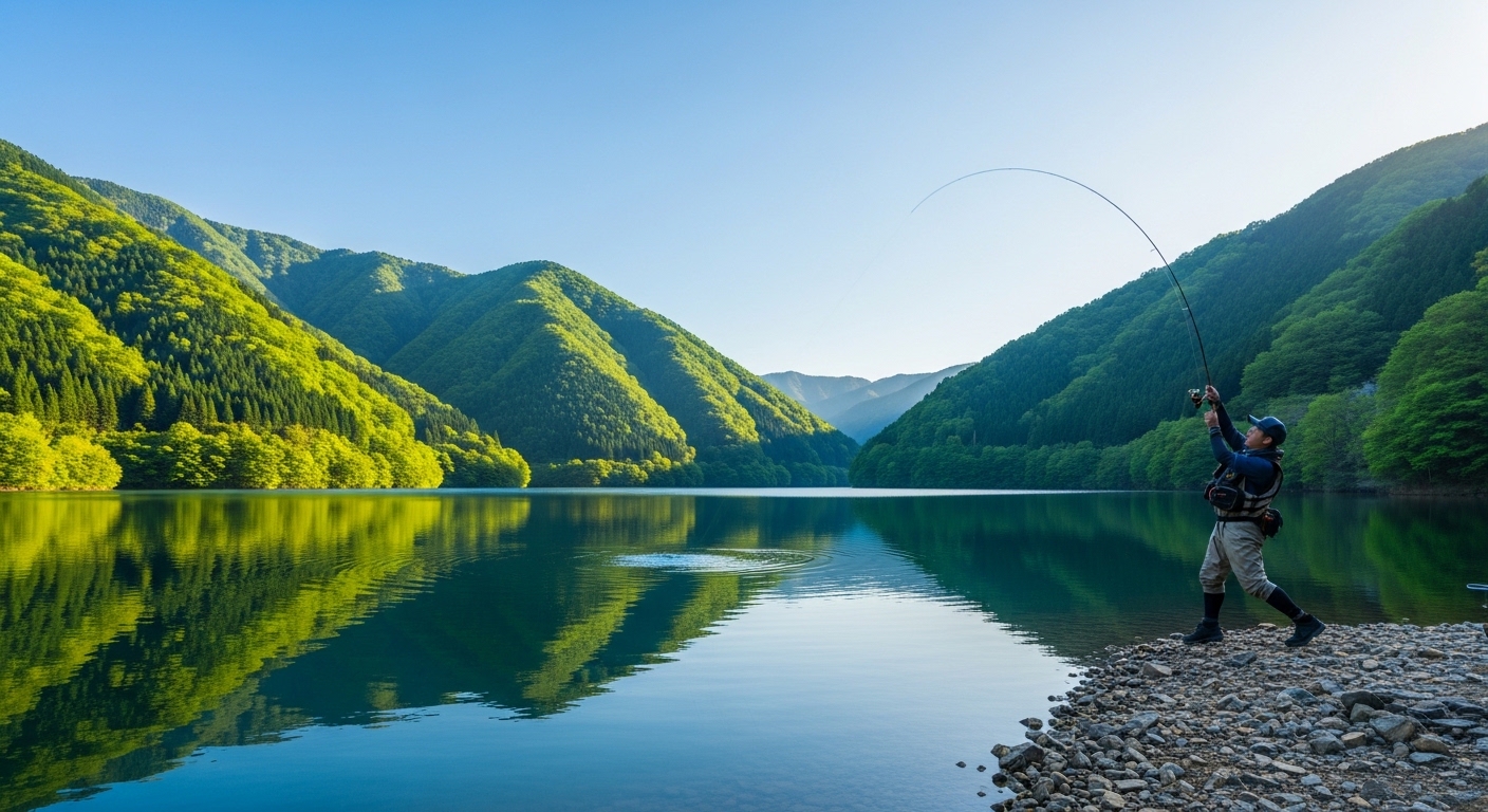 永吉ダムのバス釣りを楽しむアングラーと豊かな緑に囲まれた湖面の風景