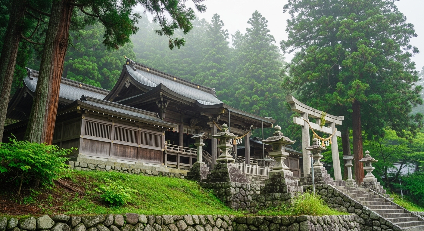 鹿児島の霊山・冠岳に佇む冠岳神社の神聖な社殿と霧に包まれた鎮守の森