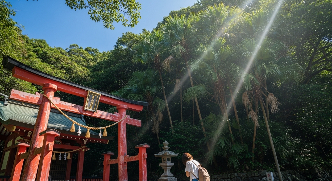 鹿児島の願いが叶う神社として知られる、南国らしい緑と赤い鳥居が美しいパワースポット