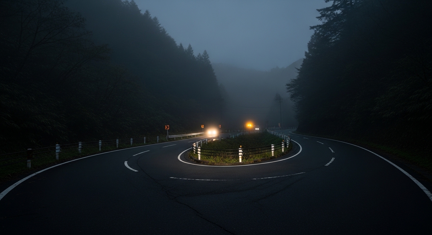 霧に包まれた深夜の入来峠の不気味な峠道と森の風景