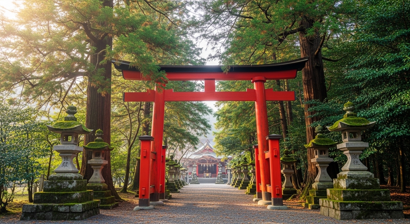 鹿児島県いちき串木野市に鎮座する市来神社の美しい鳥居と境内の風景