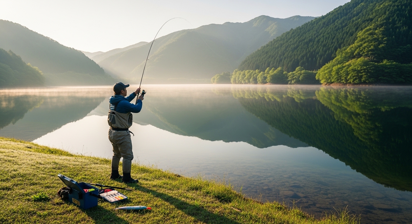 鹿児島県の竹山ダムのバス釣りで湖畔からキャストするアングラーと美しい湖面の風景
