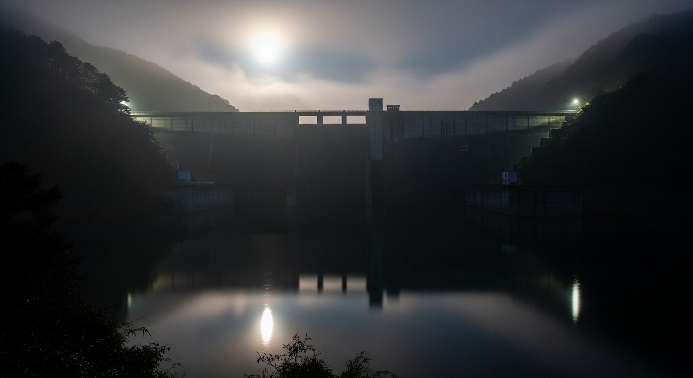 夜の霧に包まれた不気味な雰囲気の亀川ダムの風景