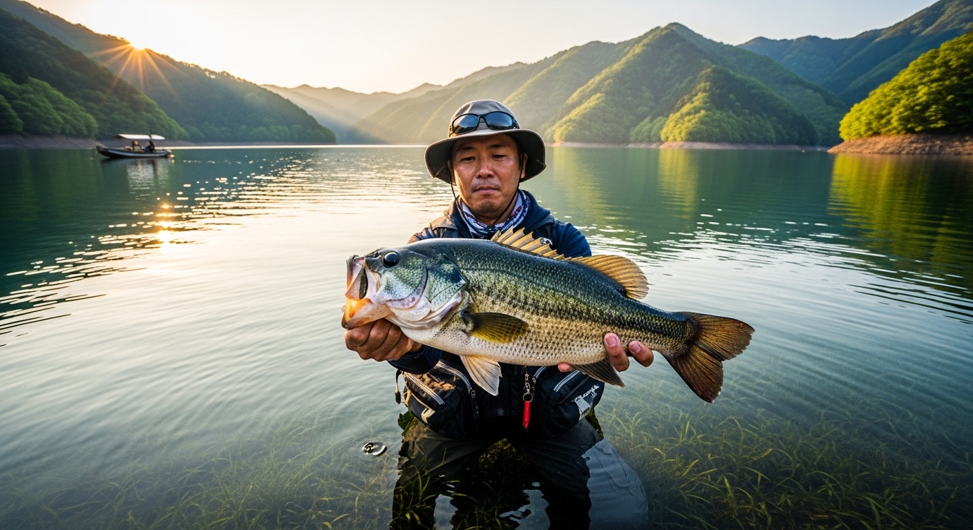 天草市の亀川ダムのバス釣りで釣り上げたブラックバスを掲げるアングラー