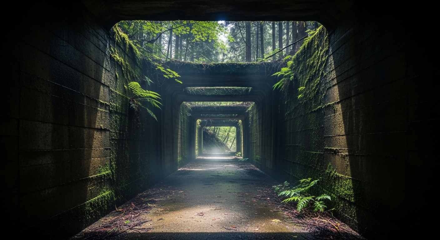 開聞トンネルの心霊現象を彷彿とさせる、暗闇の中に天窓から光が差し込む不気味な風景