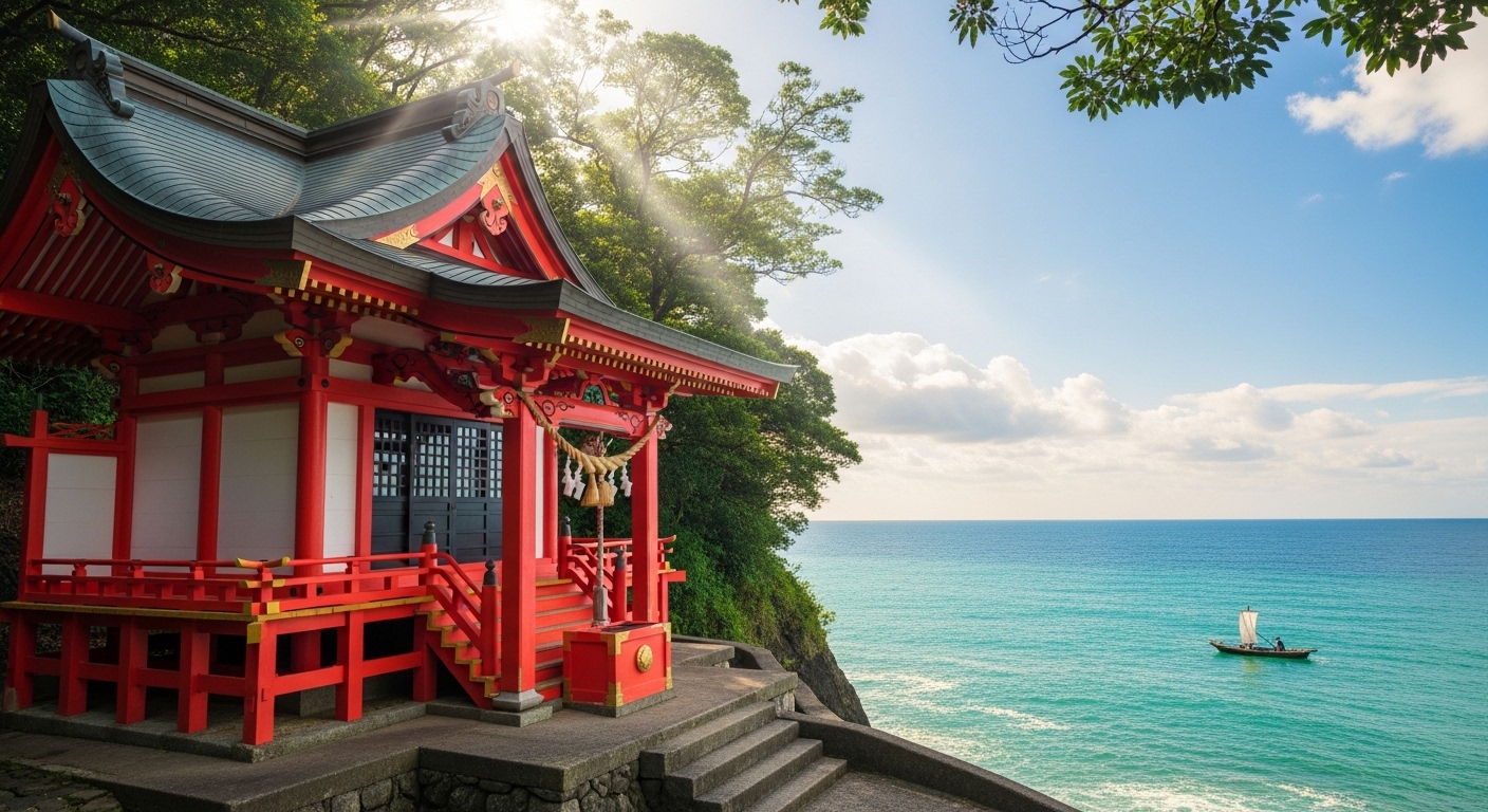 指宿市・長崎鼻に鎮座する朱塗りの社殿と青い海が美しい竜宮神社のご利益を象徴する風景