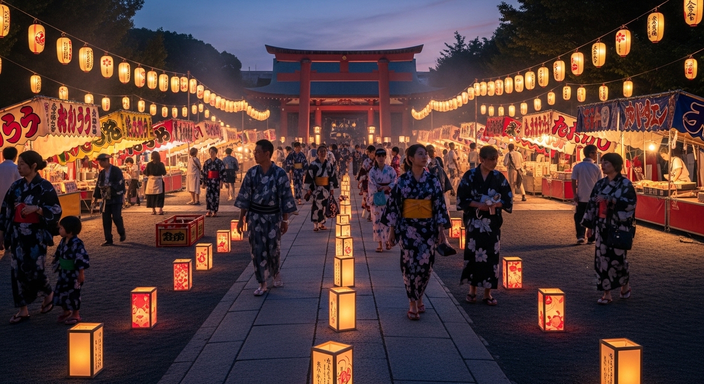 鹿児島の照日神社のお祭りで提灯に明かりが灯り賑わう境内の風景