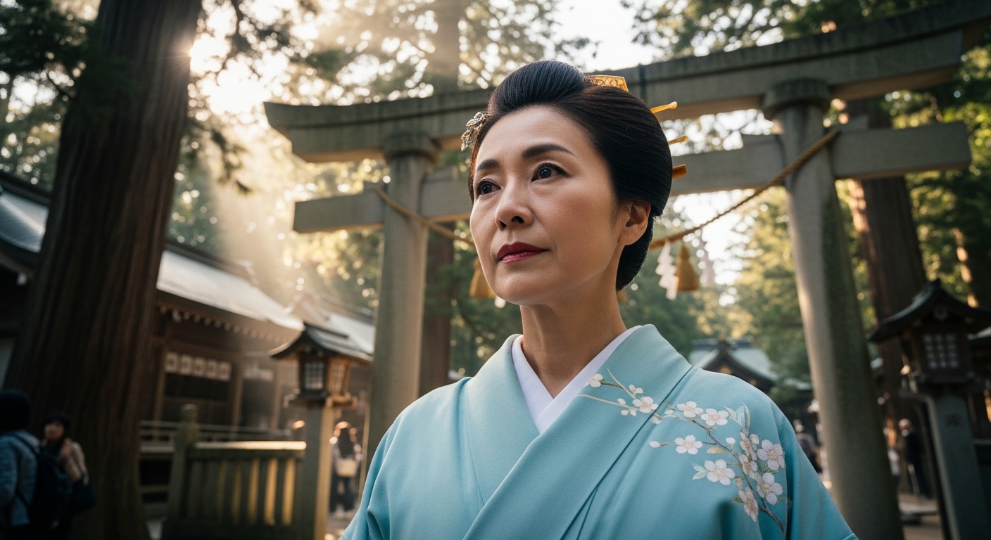 加紫久利神社のご利益を求めて参拝する、着物姿の日本人女性と神社の風景
