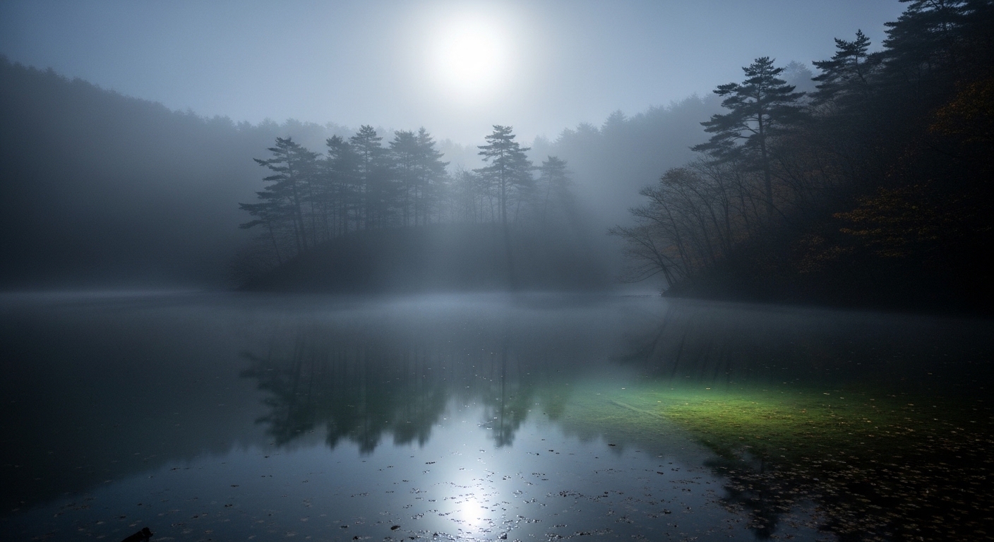 夜の霧に包まれた神秘的で不気味な雰囲気の住吉池の風景