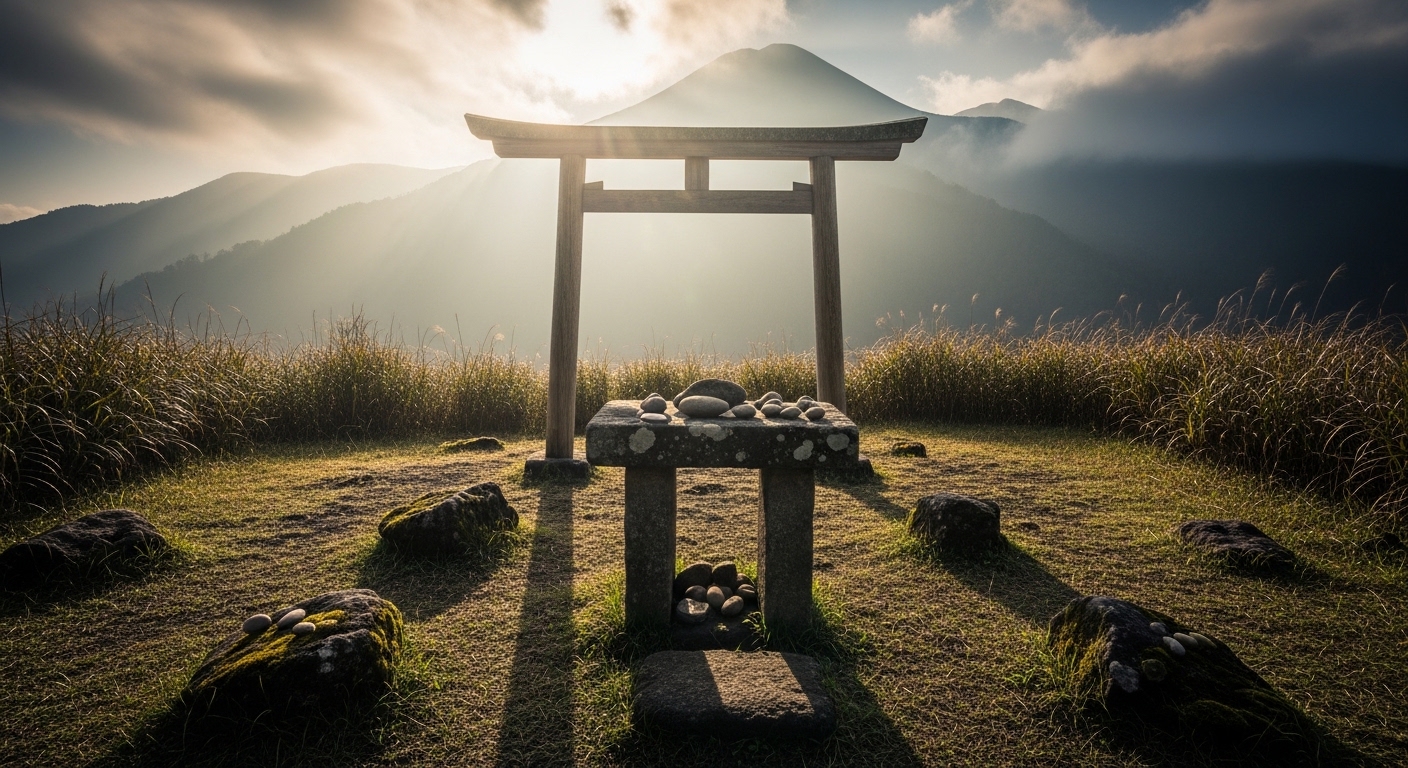 霧に包まれた高千穂河原に佇む霧島神宮古宮址の神聖な祭壇跡と山々の風景