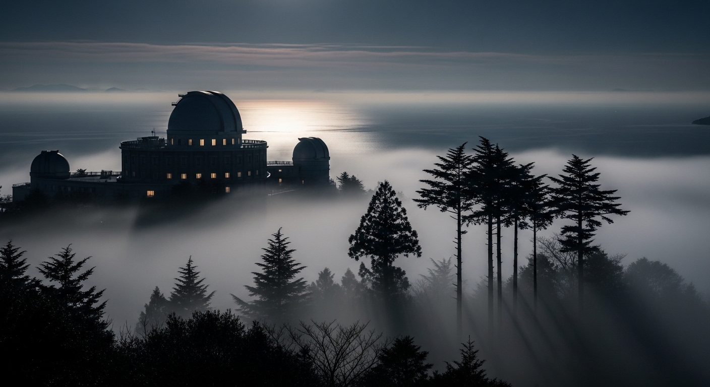 夜の静寂に包まれた鹿児島の寺山公園の展望台と霧が立ち込める錦江湾の風景