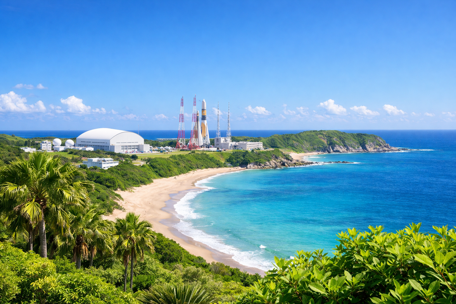 alt: 種子島観光モデルコースの印象が伝わる宇宙センターと海の風景