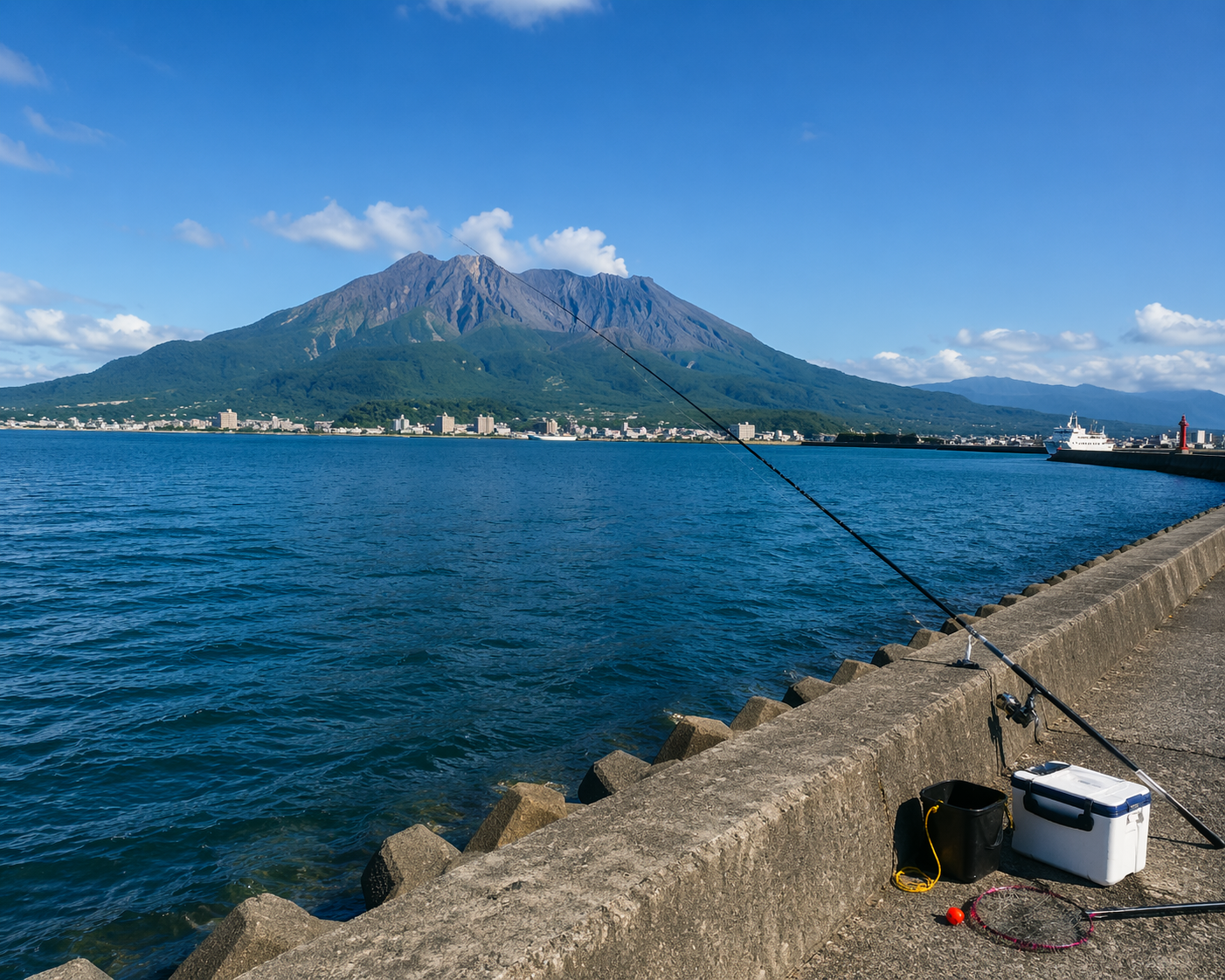 錦江湾の堤防から桜島を眺めながら釣りを楽しむ風景