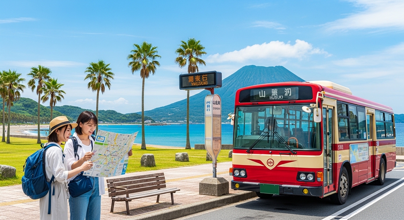 指宿の車なし観光に便利な路線バスと開聞岳を望む美しい南国風景