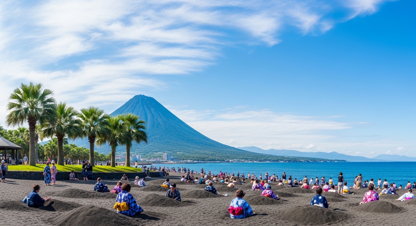 指宿観光モデルコースの目玉である砂むし温泉体験と開聞岳の絶景