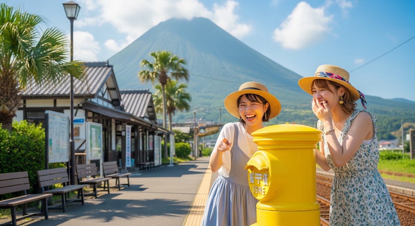 指宿の女子旅観光で訪れた西大山駅の黄色いポストと開聞岳の絶景