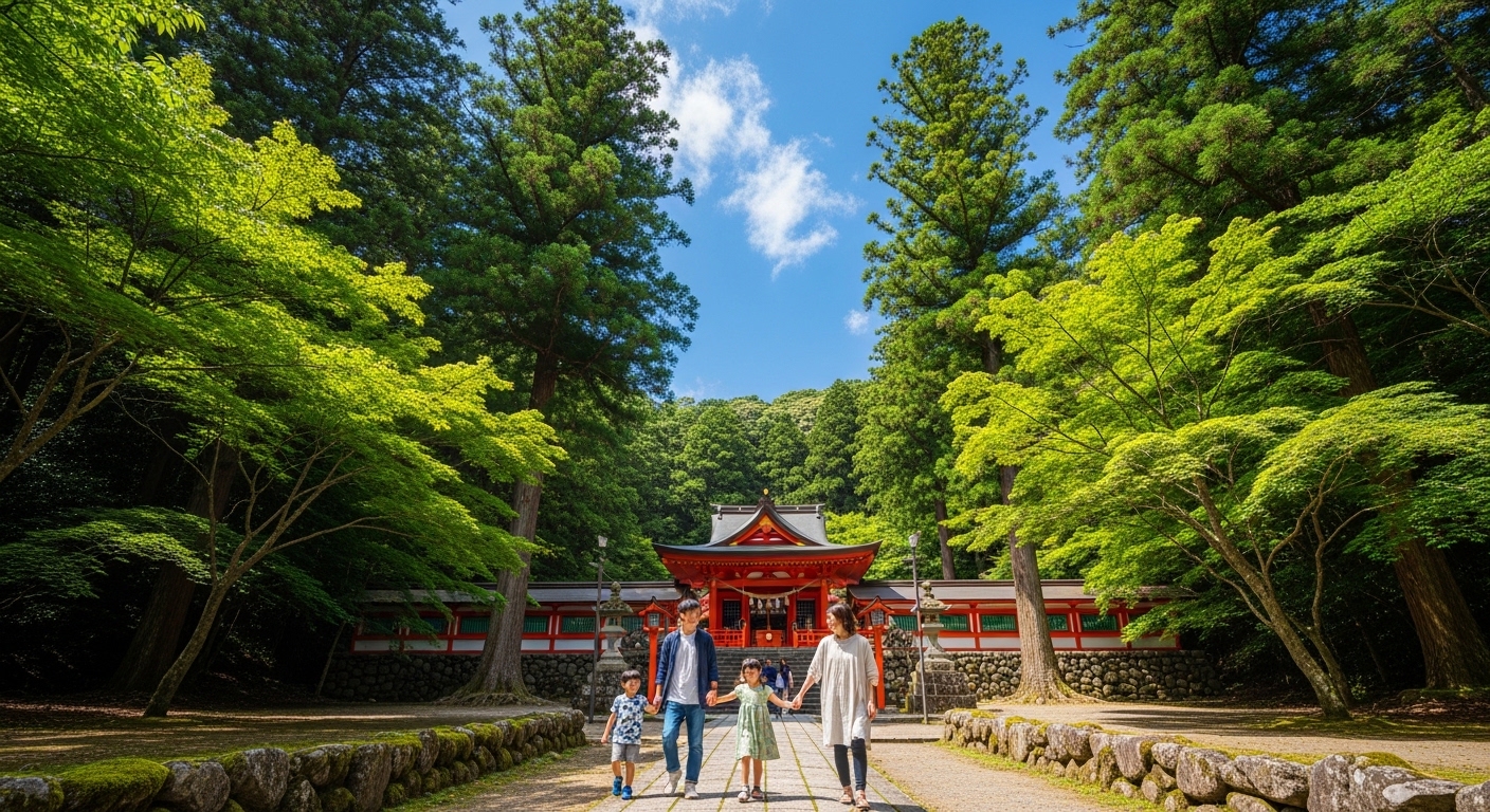 霧島観光モデルコースに欠かせない霧島神宮の鮮やかな社殿と深い森の風景
