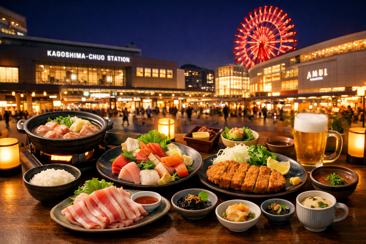 alt: 鹿児島中央駅周辺で夜ごはんの店を探す旅行者と駅直結施設の外観