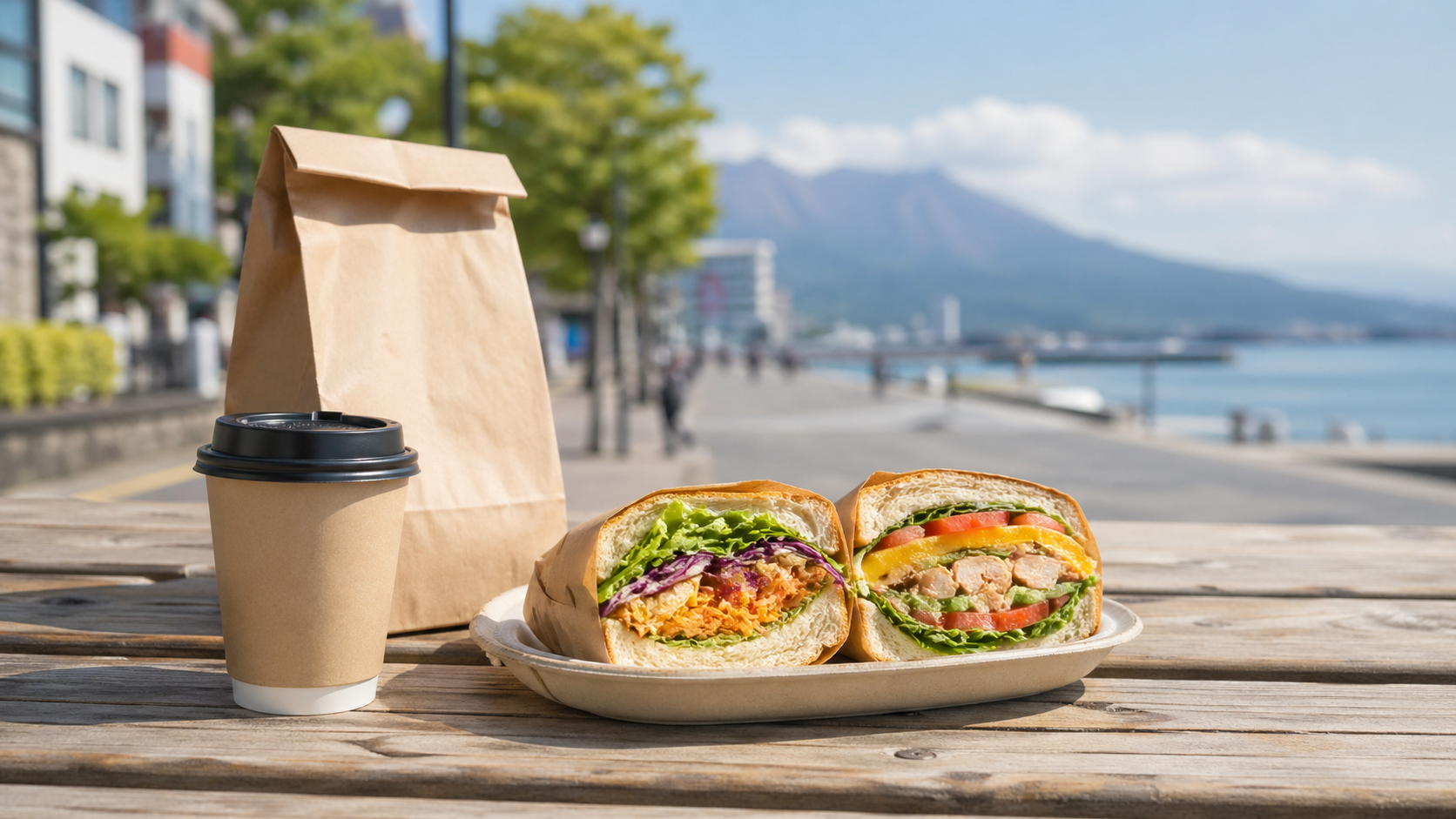鹿児島のサンドイッチを木製テーブルに並べたランチ風景