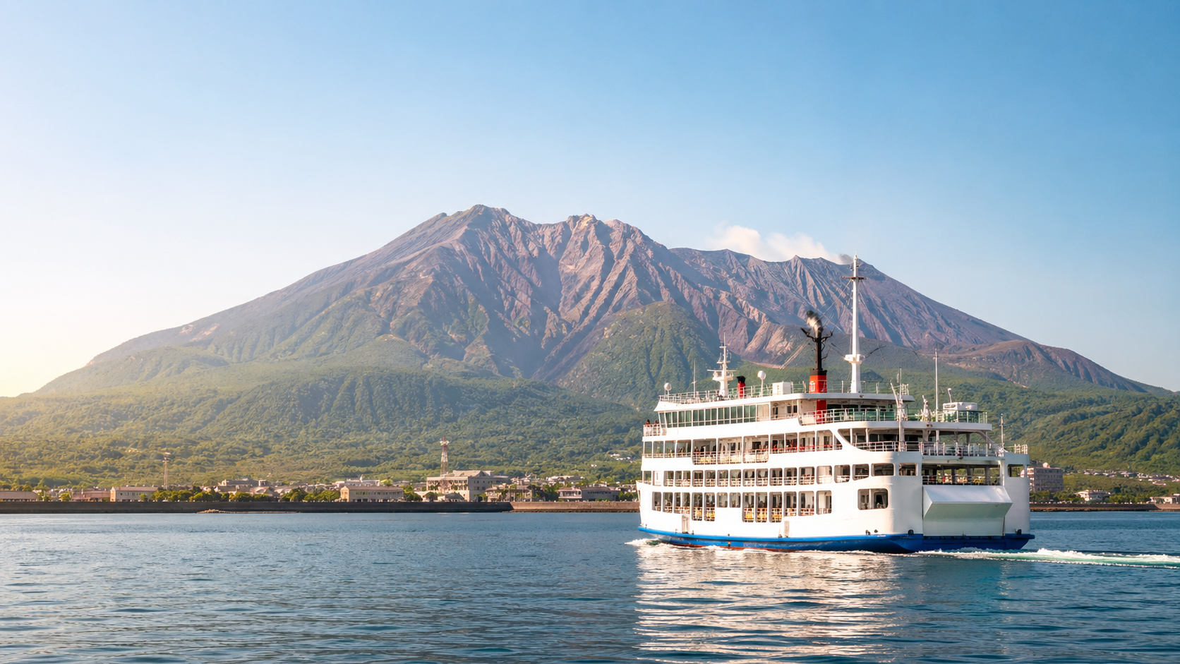 桜島フェリーの混雑対策を解説する鹿児島港と桜島の風景