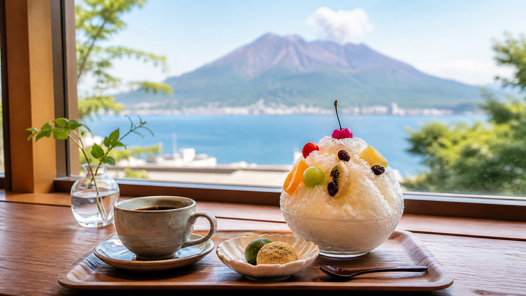 鹿児島のカフェショップ選びを楽しむ観光客とカフェテーブル