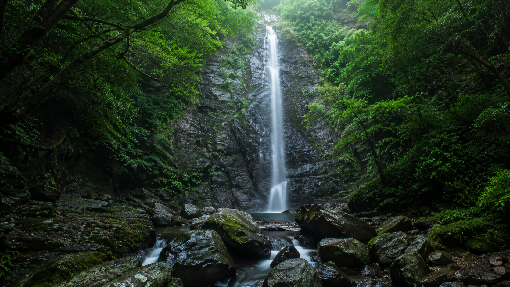 alt：雨上がりに水量が増した稚児の滝と緑深い岩肌