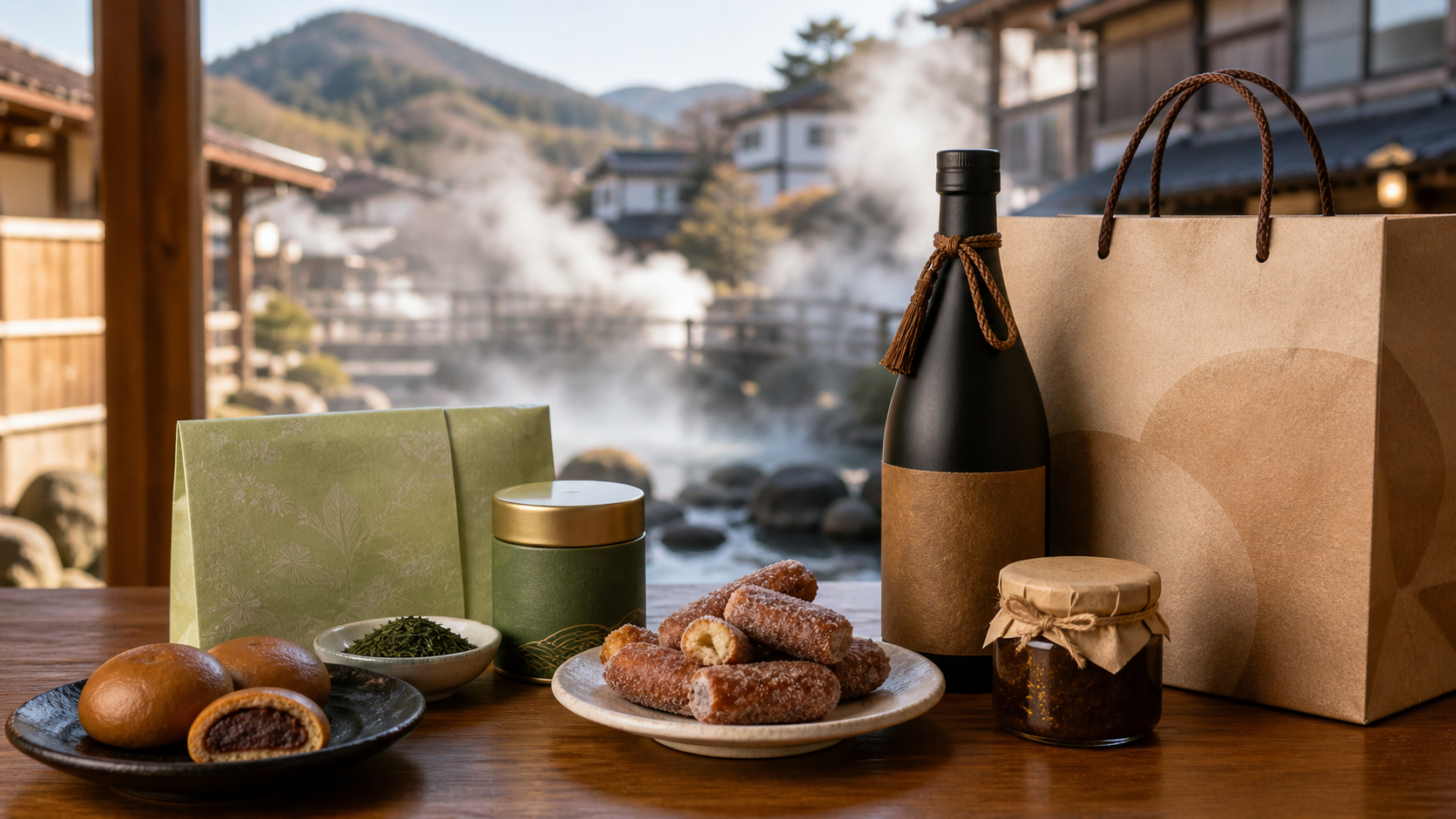 霧島温泉のお土産として並ぶ霧島茶とかるかんのイメージ