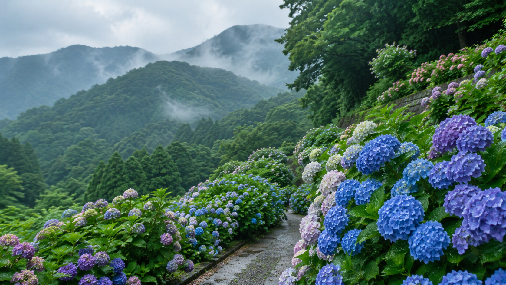 平田の里山のあじさいが咲く鹿児島市平田町の里山風景