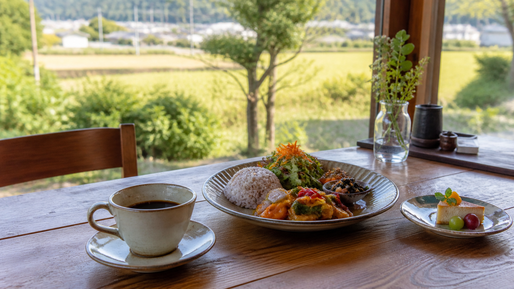 姶良市のカフェでランチとコーヒーを楽しむテーブル風景