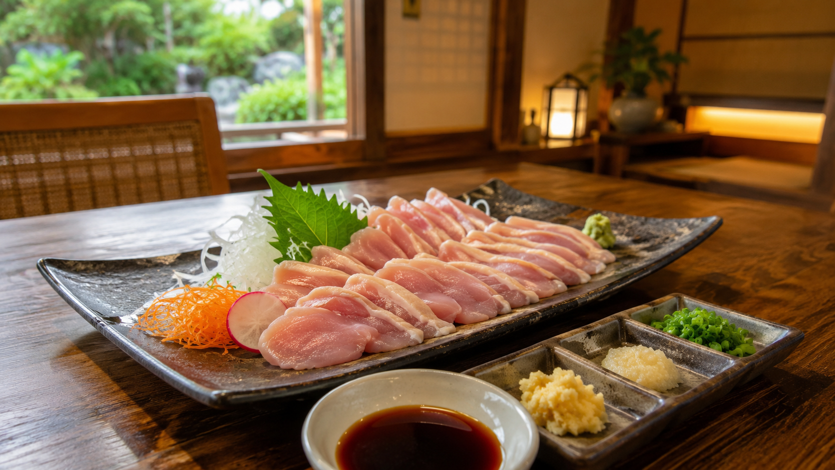 霧島の鳥刺しを甘口醤油と薬味で味わう鹿児島郷土料理のイメージ